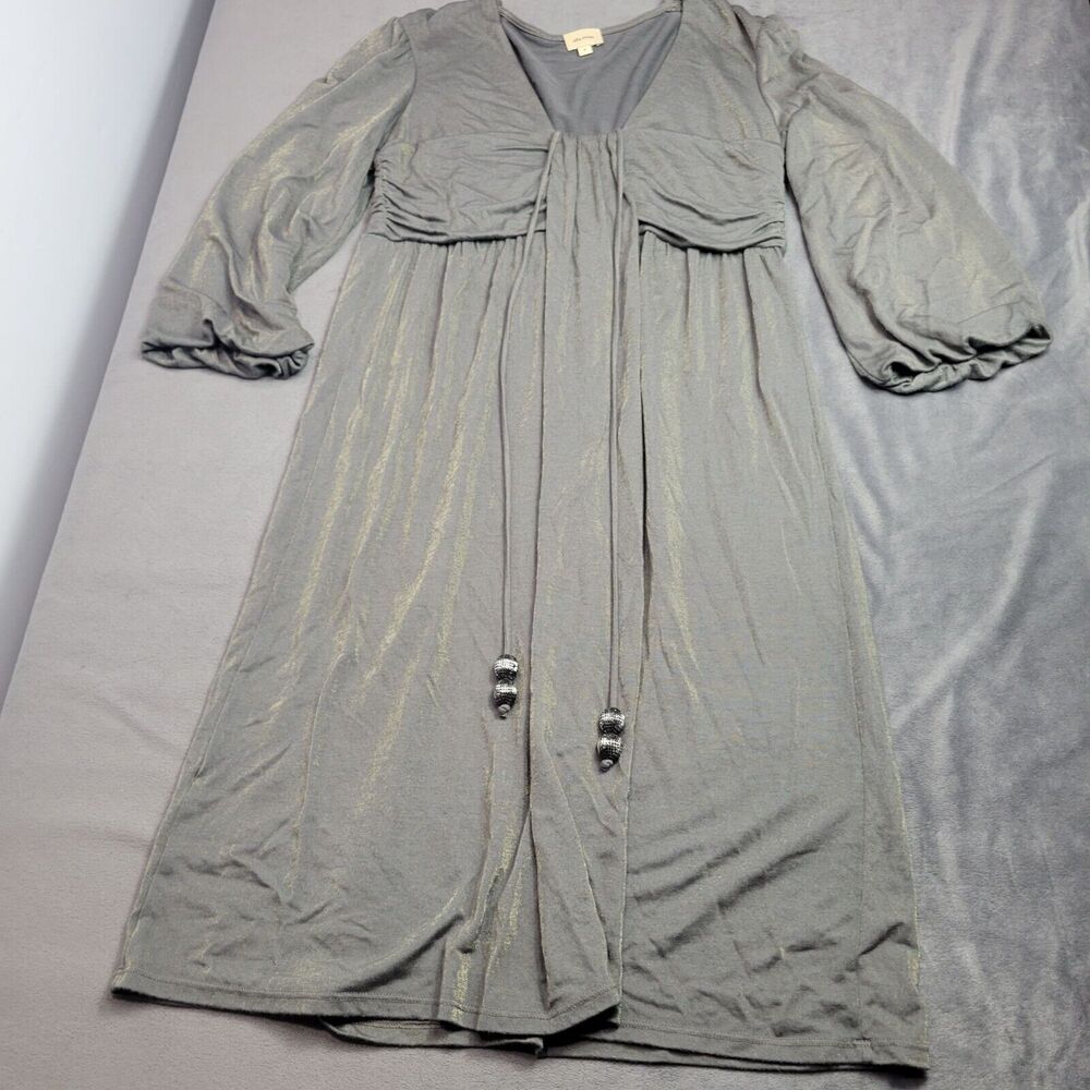 Ella Moss S Gray-Gold Metallic‎ Long-Sleeve Boho Dress With Beaded Tie Accents